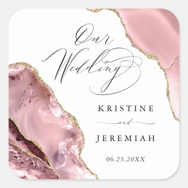 Rose Gold Glitter Black Script Luxury Wedding Square Sticker (Front)