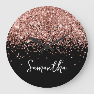 Rose Gold Glitter Black Script Name Large Clock