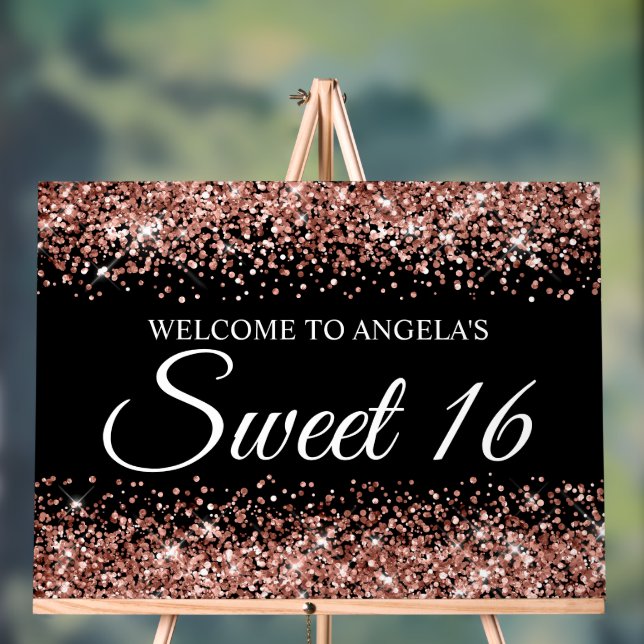 Rose Gold Glitter Black Sweet 16 Acrylic Sign (Neutral)