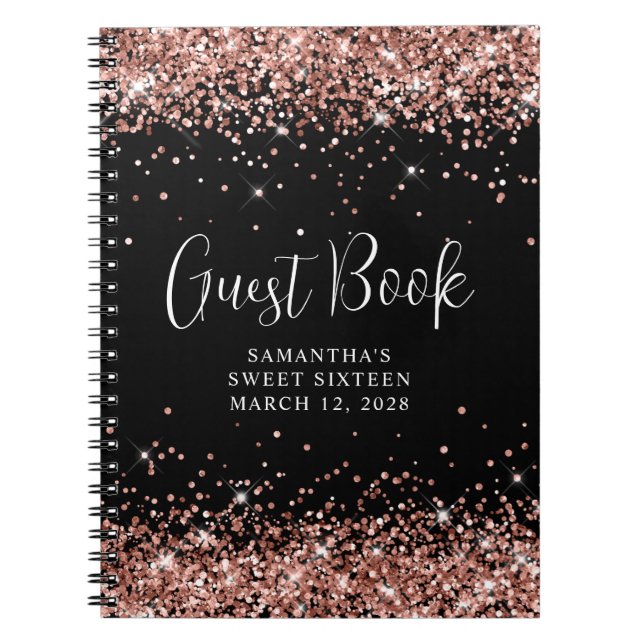Rose Gold Glitter Black Sweet 16 Birthday Guest Notebook (Front)