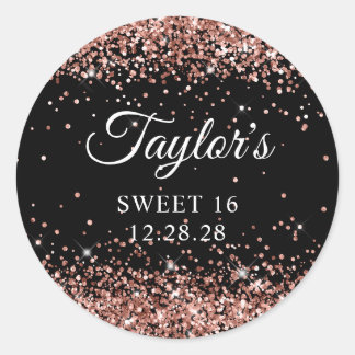 Rose Gold Glitter Black Sweet 16 Classic Round Sticker