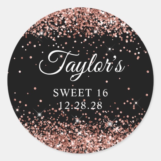 Rose Gold Glitter Black Sweet 16 Classic Round Sticker (Front)