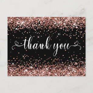 Rose Gold Glitter Black Sweet 16 Hearts Thank You Postcard