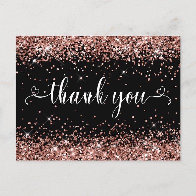 Rose Gold Glitter Black Sweet 16 Hearts Thank You Postcard (Front)