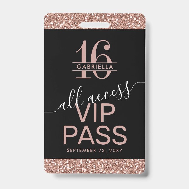 Rose Gold Glitter Black Sweet 16 Invitation VIP ID Badge (Front)