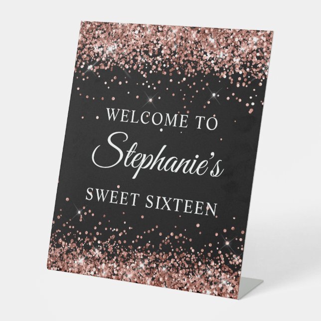 Rose Gold Glitter Black Sweet Sixteen Welcome Pedestal Sign (Front)