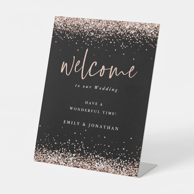 Rose Gold Glitter Black Welcome to Wedding Pedestal Sign (Front)