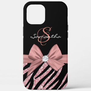 Rose Gold Glitter Black Zebra Stripes Bow Monogram Case-Mate iPhone Case