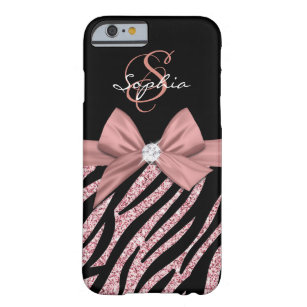 Rose Gold Glitter Black Zebra Stripes Bow Monogram Barely There iPhone 6 Case