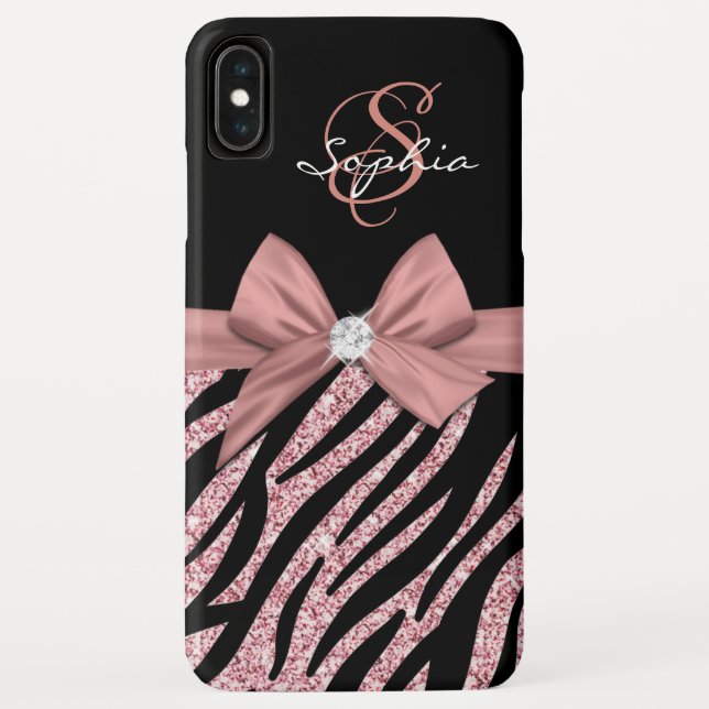Rose Gold Glitter Black Zebra Stripes Bow Monogram Case-Mate iPhone Case (Back)