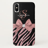 Rose Gold Glitter Black Zebra Stripes Bow Monogram