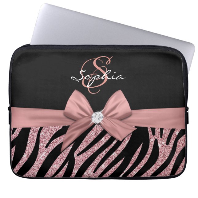 Rose Gold Glitter Black Zebra Stripes Bow Monogram Laptop Sleeve (Front)