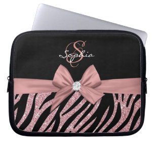 Rose Gold Glitter Black Zebra Stripes Bow Monogram Laptop Sleeve