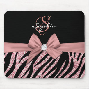 Rose Gold Glitter Black Zebra Stripes Bow Monogram Mouse Mat