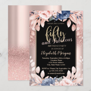 Rose Gold Glitter Blue Flowers 50th Birthday Party Invitation