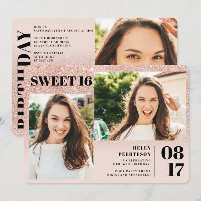 Rose gold glitter blush 3 photos Sweet 16 birthday Invitation (Front/Back)