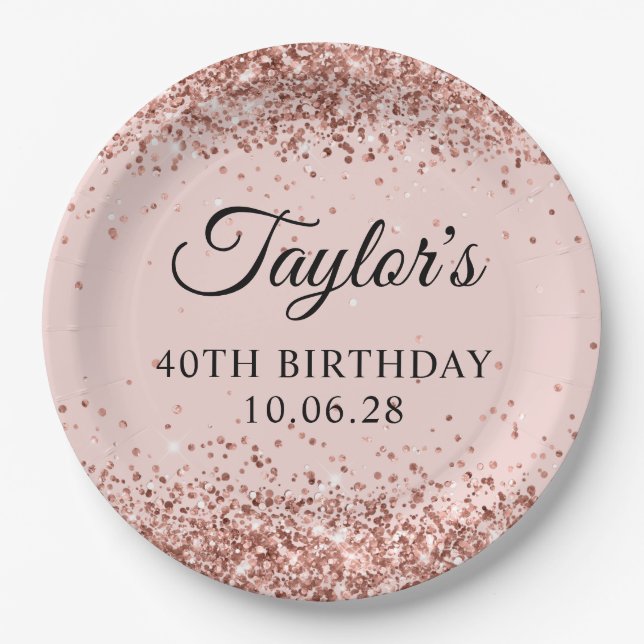 Rose Gold Glitter Blush 40th Birthday Paper Plate (Front)