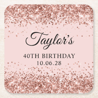 Rose Gold Glitter Blush 40th Birthday Square Paper Coaster