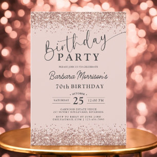 Rose Gold Glitter Blush 70th Any Age Birthday Invitation