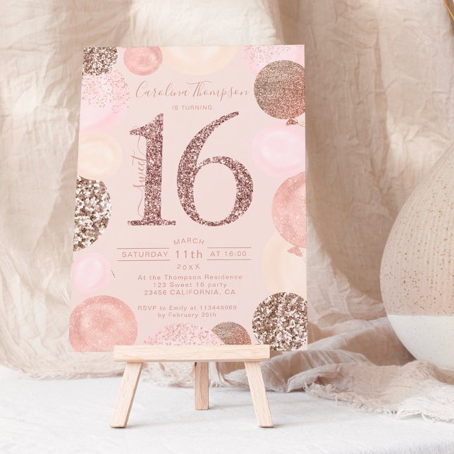 rose gold glitter blush balloon Sweet 16 photo Invitation (Creator Uploaded)