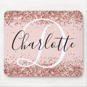 Rose Gold Glitter Blush Black and White Monogram Mouse Mat