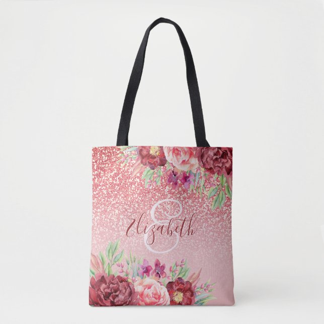 Rose Gold Glitter Blush Burgundy Floral Monogram Tote Bag (Front)