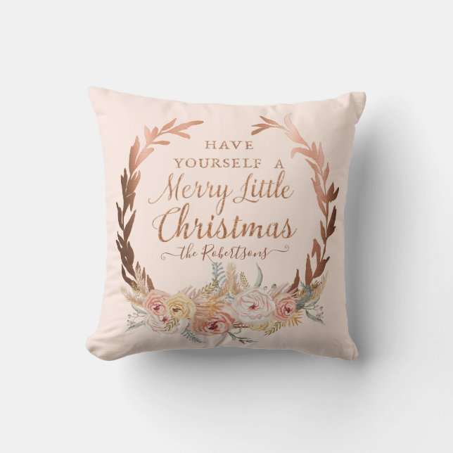 Rose Gold Glitter Blush Floral Wreath Christmas Cushion (Front)