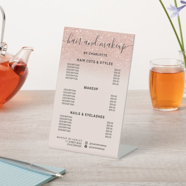 Rose gold glitter blush hair makeup salon price pedestal sign (In SItu)