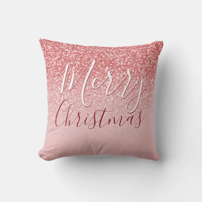 Rose Gold Glitter Blush Ombre Merry Christmas Cushion (Front)