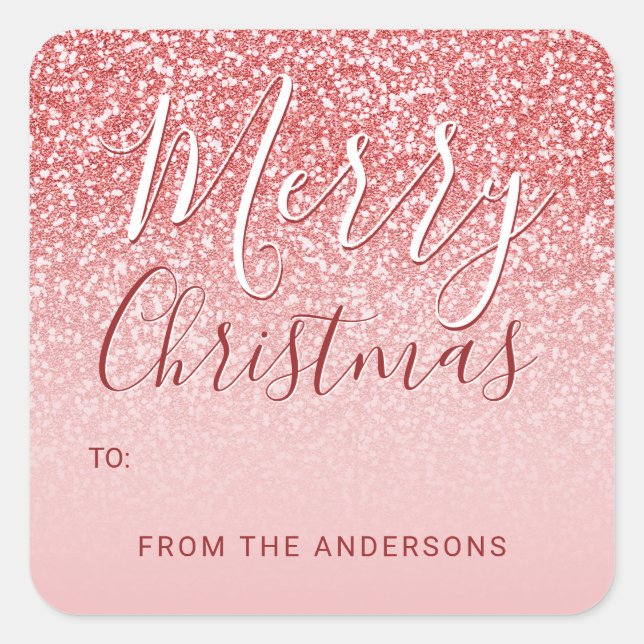 Rose Gold Glitter Blush Ombre Merry Christmas Gift Square Sticker (Front)