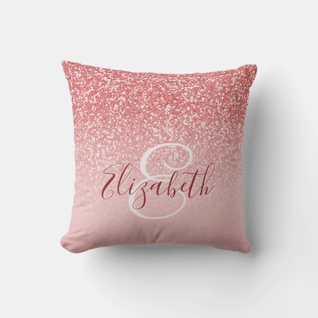 Rose Gold Glitter Blush Ombre Monogram Cushion (Front)