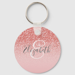 Rose Gold Glitter Blush Ombre Monogram Key Ring