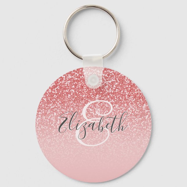 Rose Gold Glitter Blush Ombre Monogram Key Ring (Front)