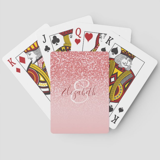 Rose Gold Glitter Blush Ombre Monogram Name Playing Cards (Back)