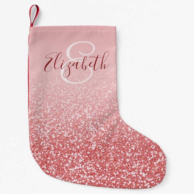 Rose Gold Glitter Blush Ombre Monogram Small Christmas Stocking (Front)