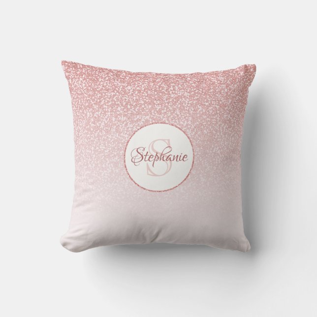 Rose Gold Glitter Blush Ombre Round Monogram Cushion (Front)