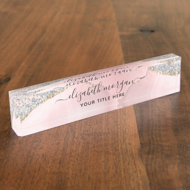Rose Gold Glitter Blush Pink Agate Marble Geode  Nameplate (Side)