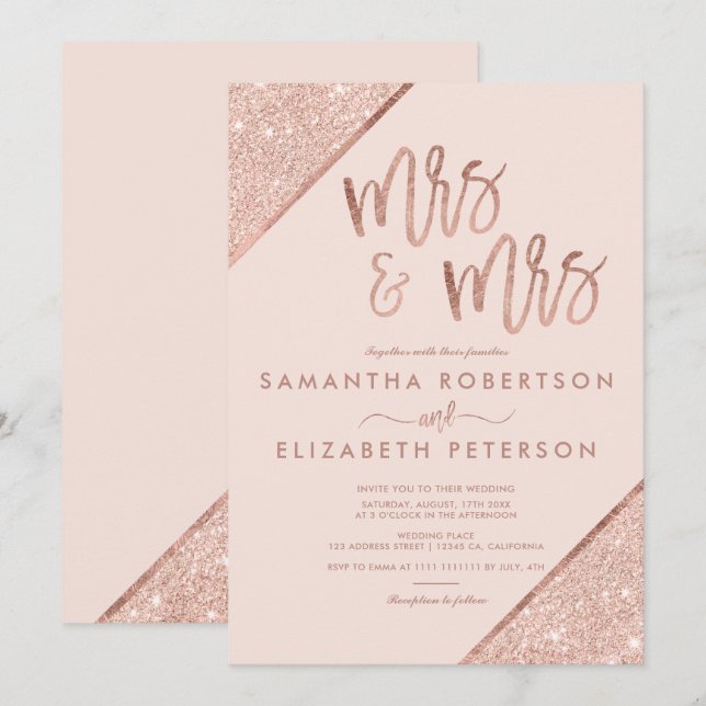 Rose gold glitter blush pink chic lesbian wedding invitation (Front/Back)