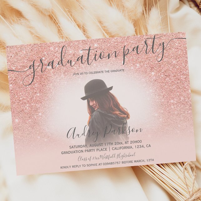 Rose gold glitter blush pink chic photo graduation invitation (Creator Uploaded)