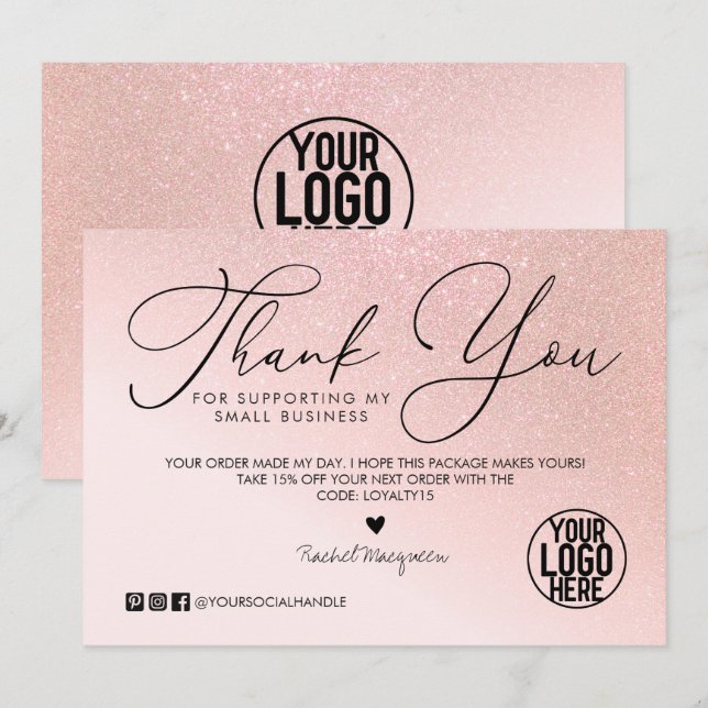 Rose Gold Glitter Blush Pink Customer Business Thank You Card (Front/Back)