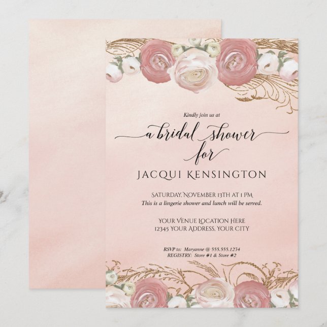 Rose Gold Glitter Blush Pink Floral Bridal Shower Invitation (Front/Back)