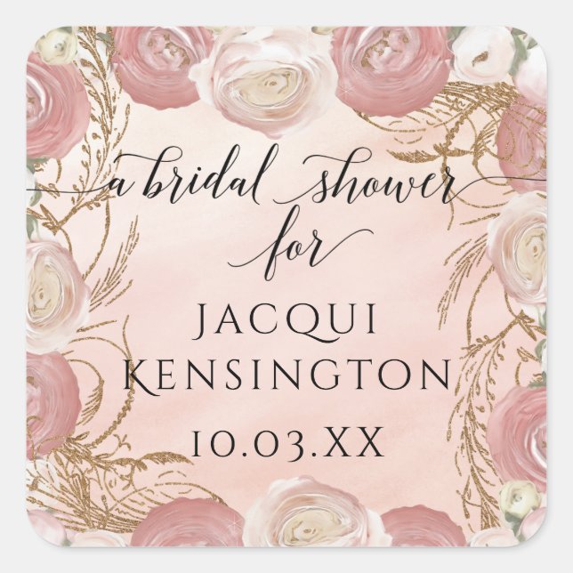 Rose Gold Glitter Blush Pink Floral Elegant Bridal Square Sticker (Front)