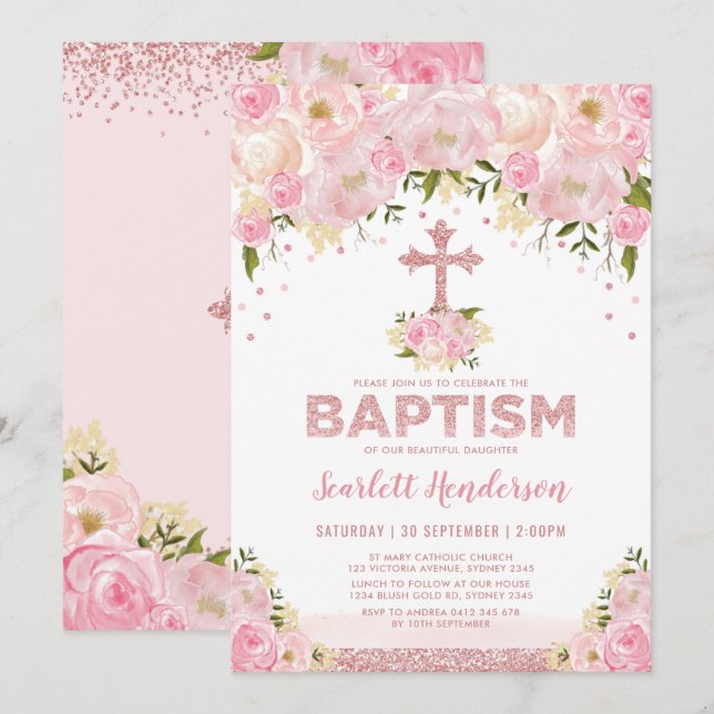 Rose Gold Glitter Blush Pink Floral Girl Baptism Invitation (Front/Back)