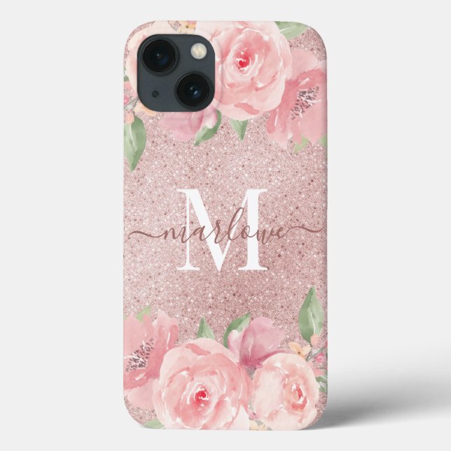 Rose Gold Glitter Blush Pink Floral Monogram Case-Mate iPhone Case (Back)