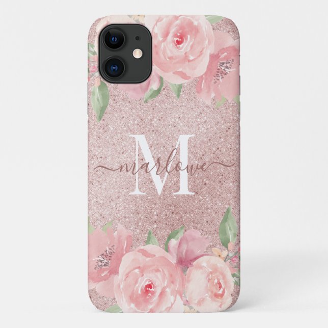 Rose Gold Glitter Blush Pink Floral Monogram Case-Mate iPhone Case (Back)