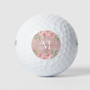 Rose Gold Glitter Blush Pink Floral Monogram Golf Balls