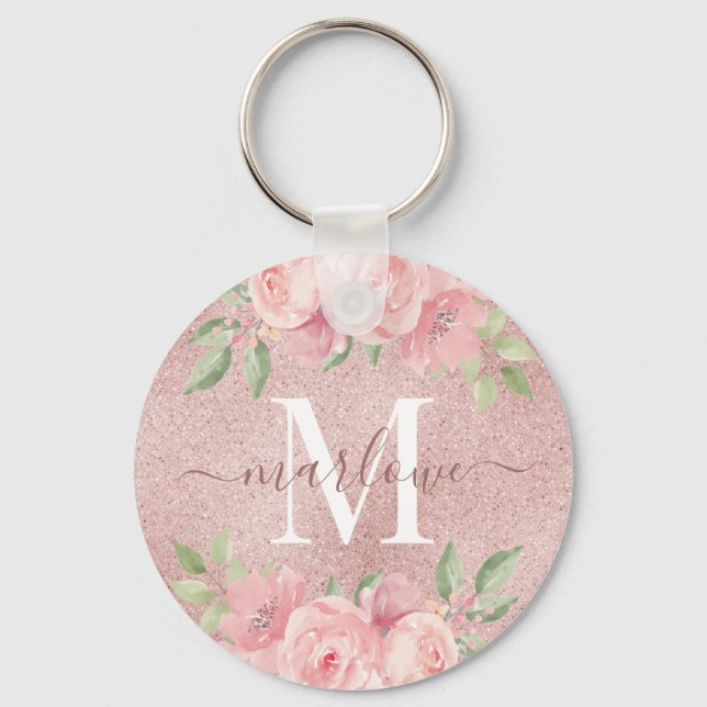 Rose Gold Glitter Blush Pink Floral Monogram Key Ring (Front)