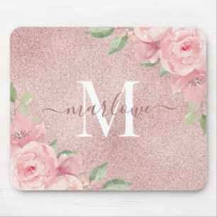 Rose Gold Glitter Blush Pink Floral Monogram Mouse Mat
