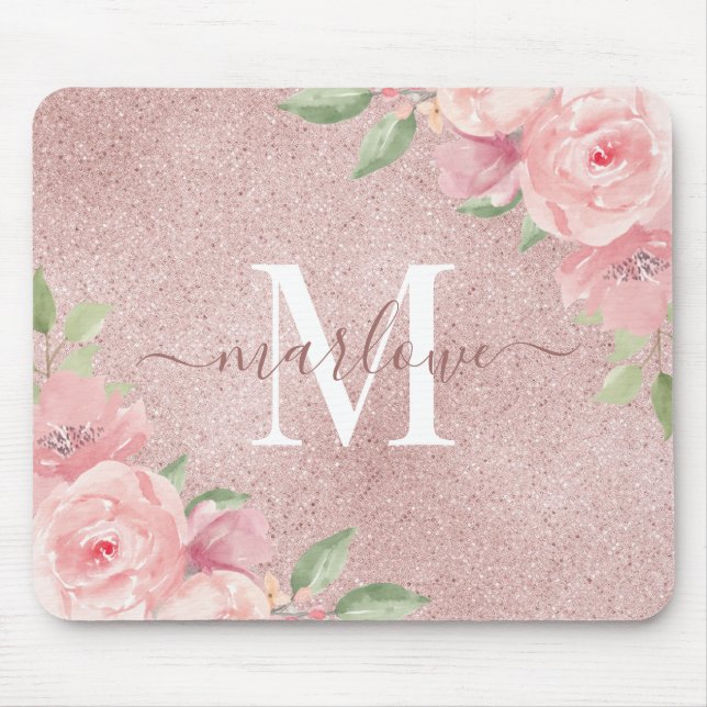 Rose Gold Glitter Blush Pink Floral Monogram Mouse Mat (Front)