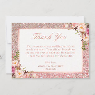Rose Gold Glitter Blush Pink Floral Thank You Card